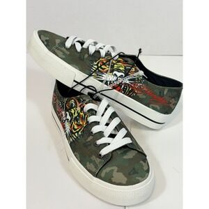 Ed Hardy Tiger Camo Canvas Sneakers Mens 8 Green Tattoo Low Top Shoes  - NEW